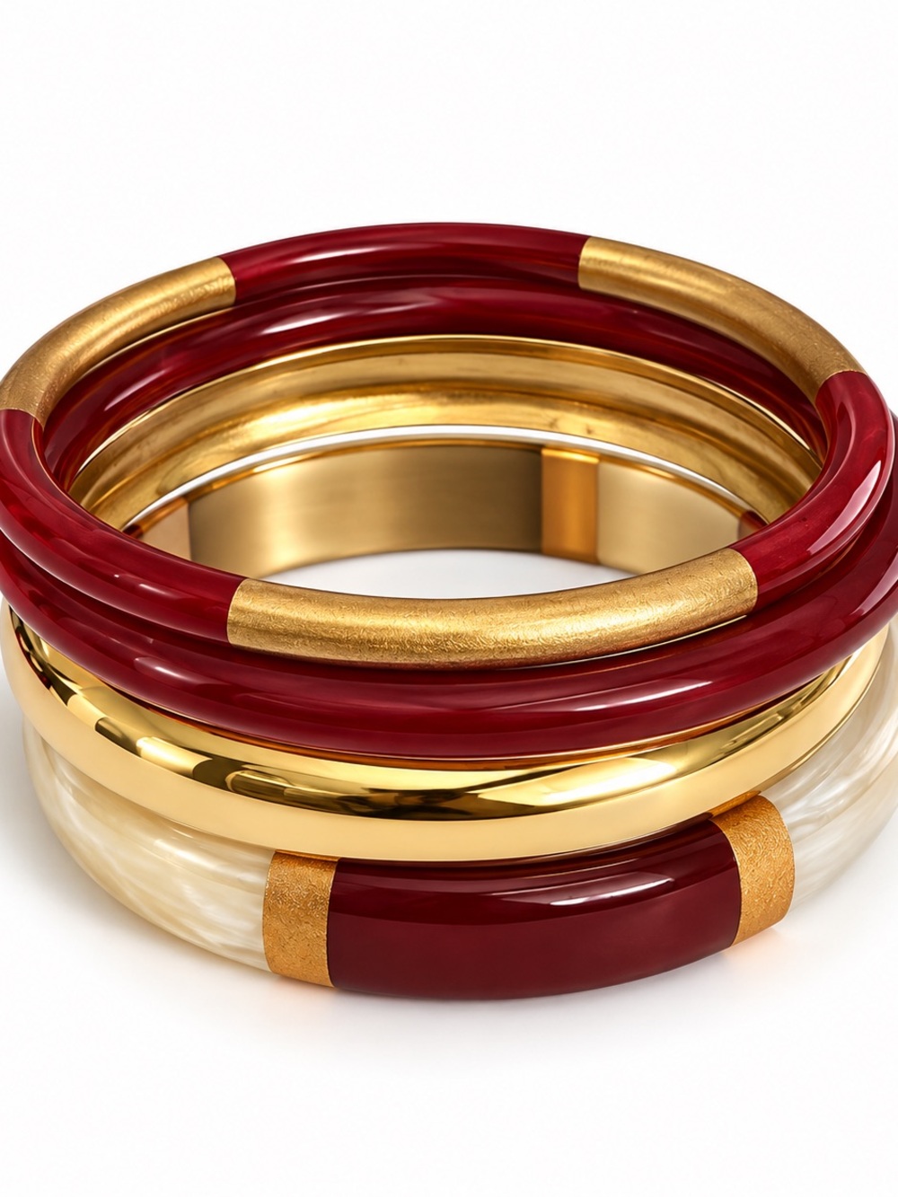 Waterproof Gold and Burgundy Bangle Bracelet Set of 4 - Women Jewelry